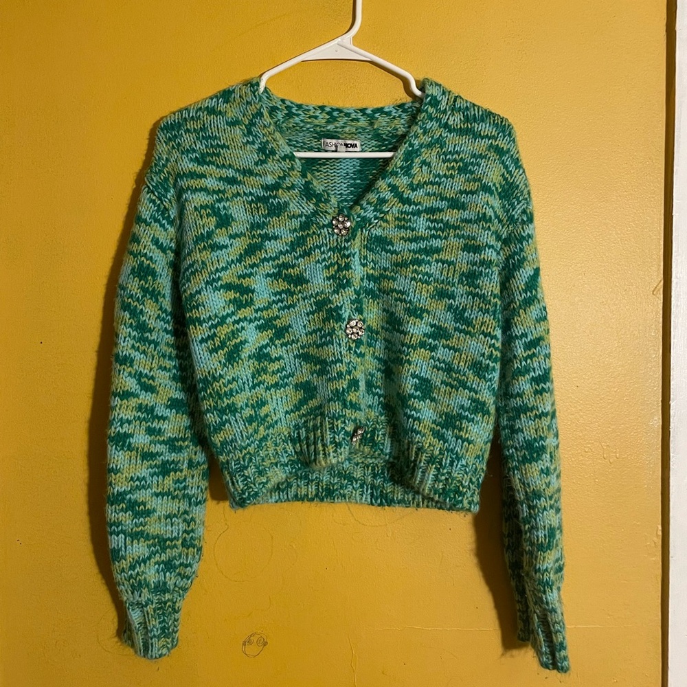 Fashion Nova Teal and Yellow Knit Cardigan